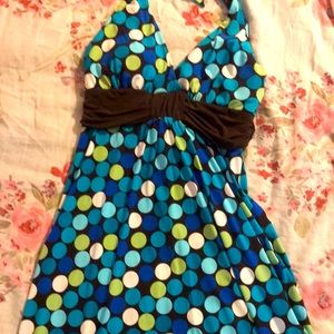 Large blue dot dress with brown trim, halter style never worn tags in place